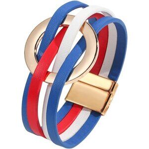 Blue White Red Charm Leather Wrap Bracelet Handmade Cuff Bracelets for Women